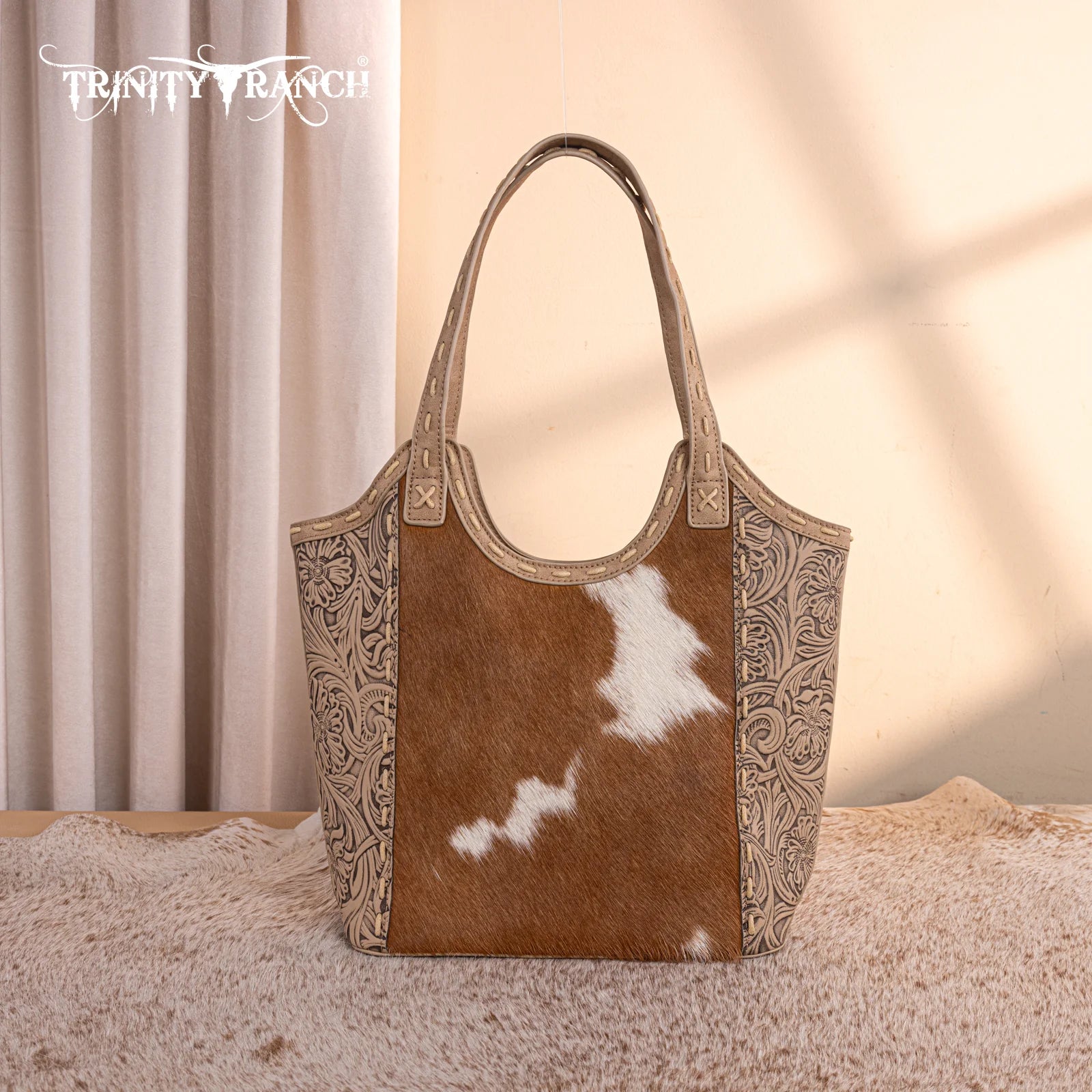 Trinity Ranch Genuine Hair-On Cowhide Tooled Concealed Carry Tote
