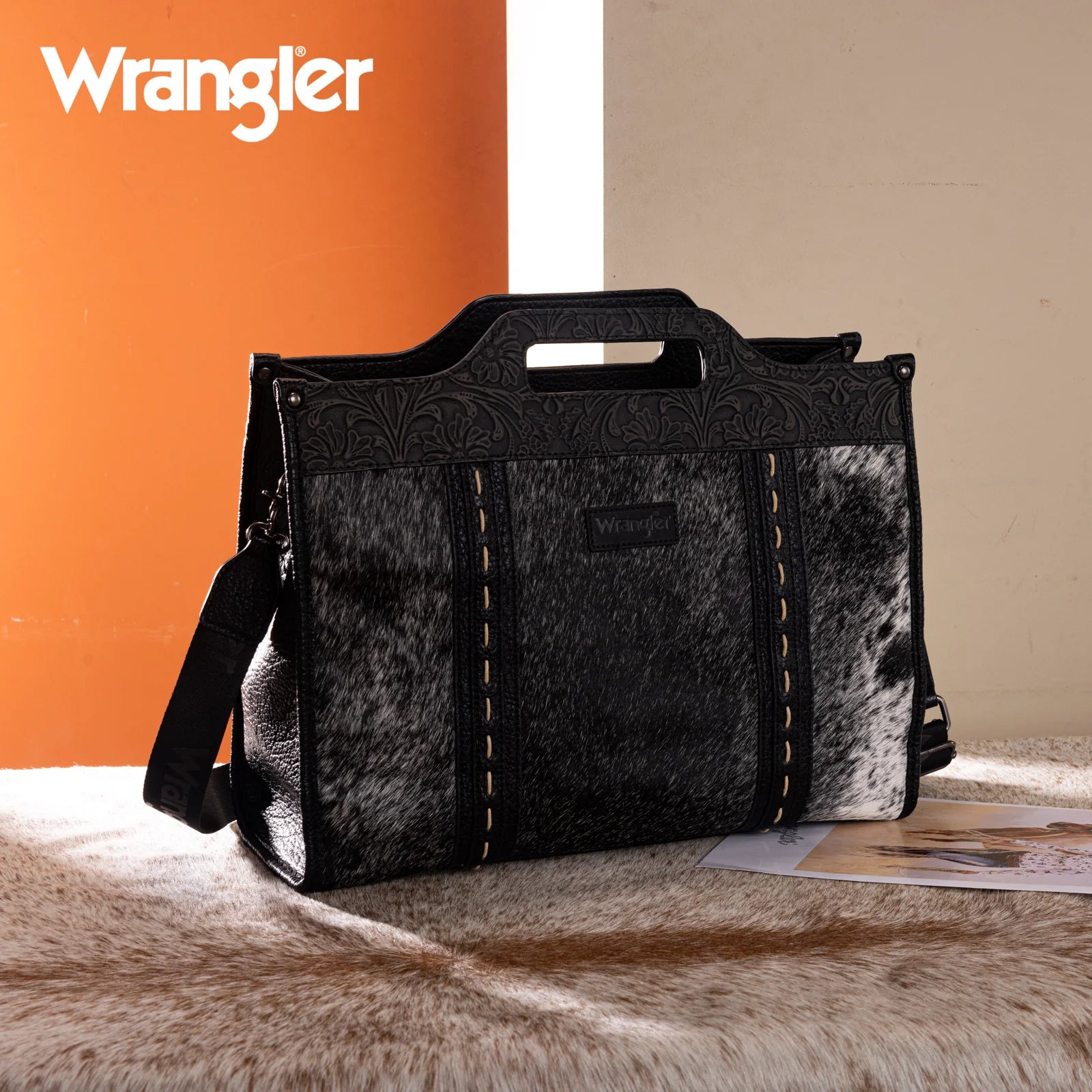 WG283-014 Wrangler Genuine Cowhide Carry-All Cowhide Large Tote /Crossbody - Black