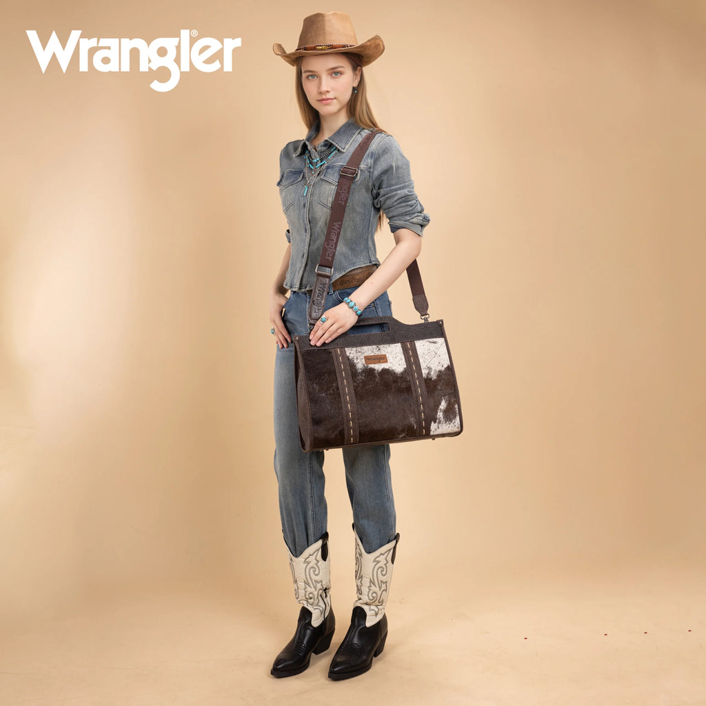 WG283-014 Wrangler Genuine Cowhide Carry-All Cowhide Large Tote /Crossbody - Coffee