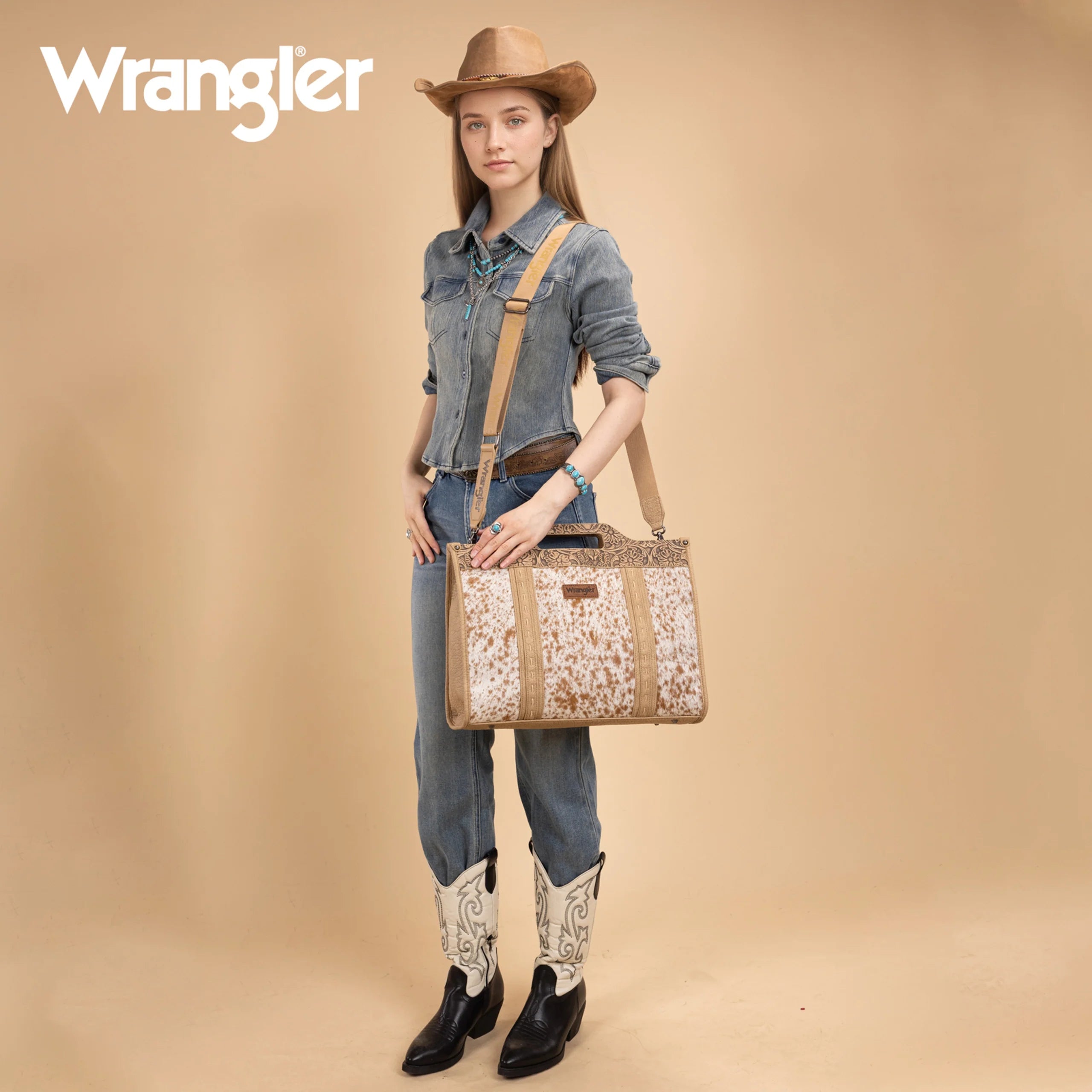 WG283-014 Wrangler Genuine Cowhide Carry-All Cowhide Large Tote /Crossbody - Tan