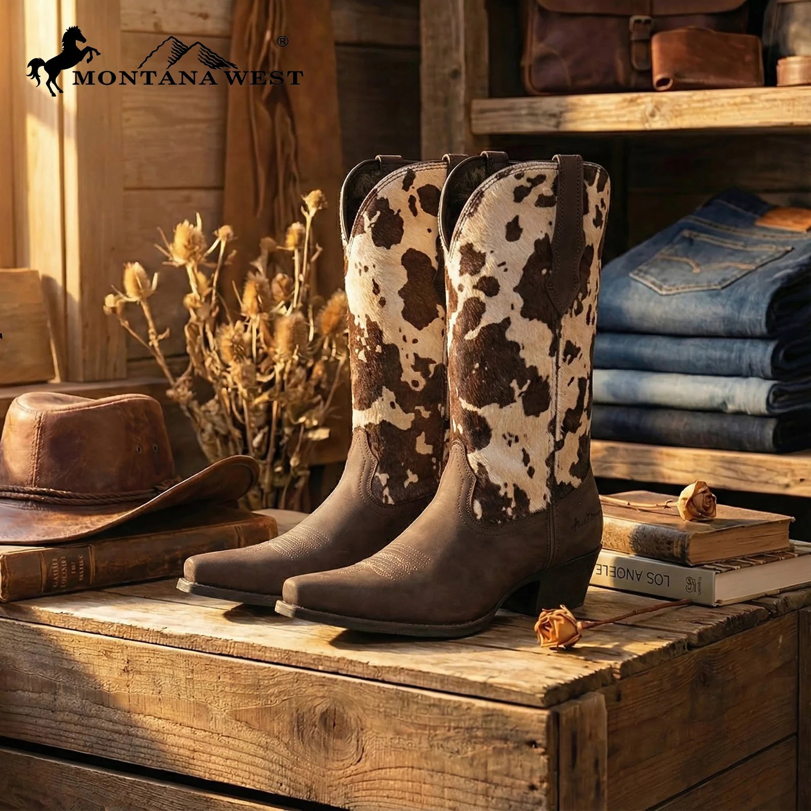 MWB6003 Montana West Women's Western Cow Print Cowgirl Boots - Full Grain Leather, Snip Toe