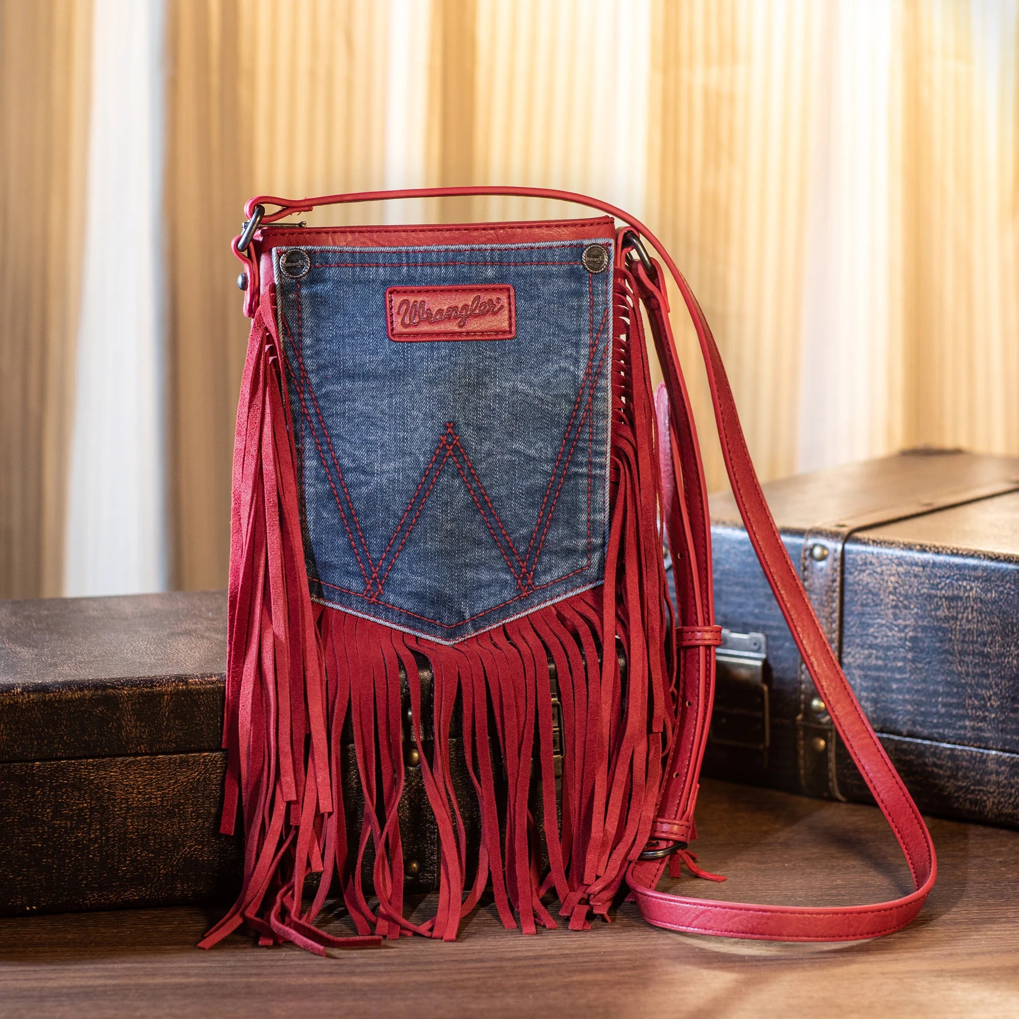 Wrangler Leather Fringe Jean Denim Pocket Crossbody
