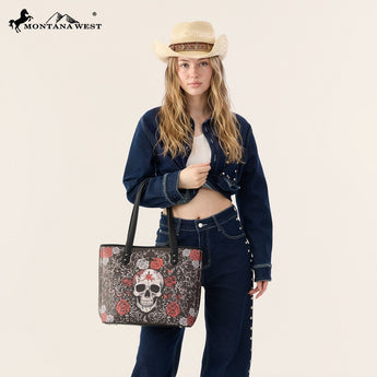 Montana West Halloween Skull Rose Tote Bag Conceal Carry
