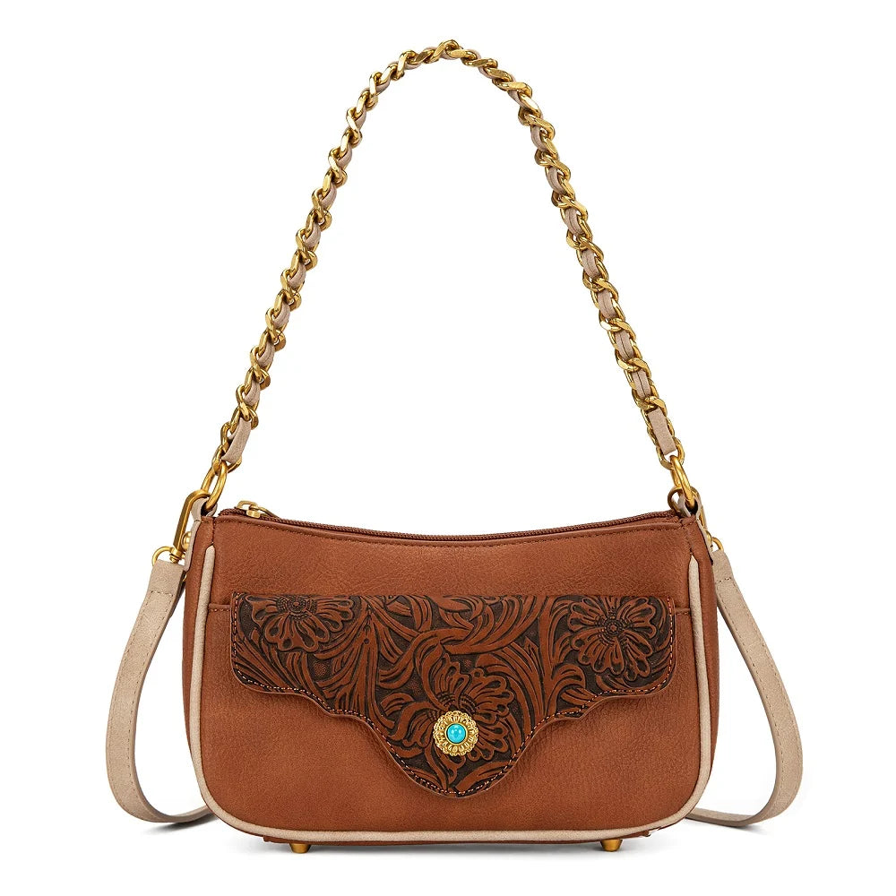 Montana West Tooled Floral Chain Shoulder Crossbody Bag - Brown