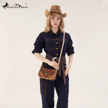 Montana West Tooled Floral Chain Shoulder Crossbody Bag - Brown