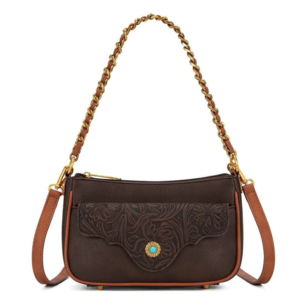 Montana West Tooled Floral Chain Shoulder Crossbody Bag - Coffee
