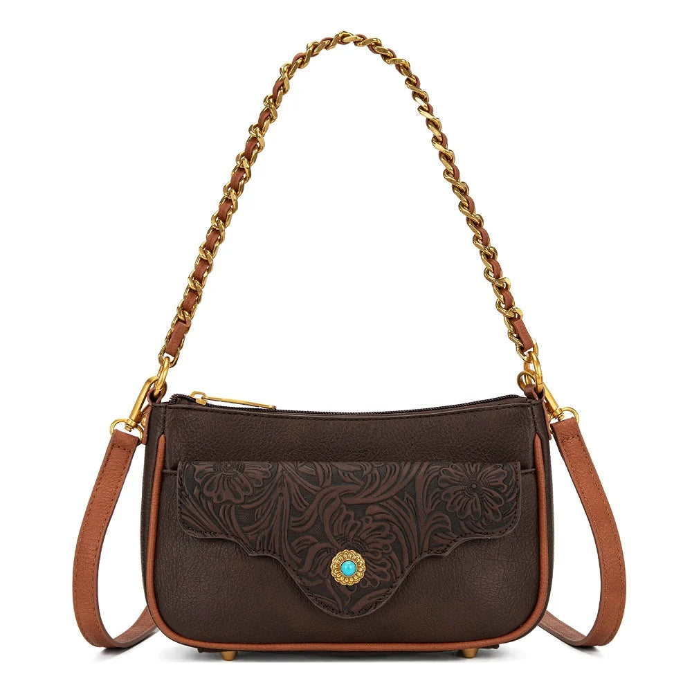 Montana West Tooled Floral Chain Shoulder Crossbody Bag - Coffee