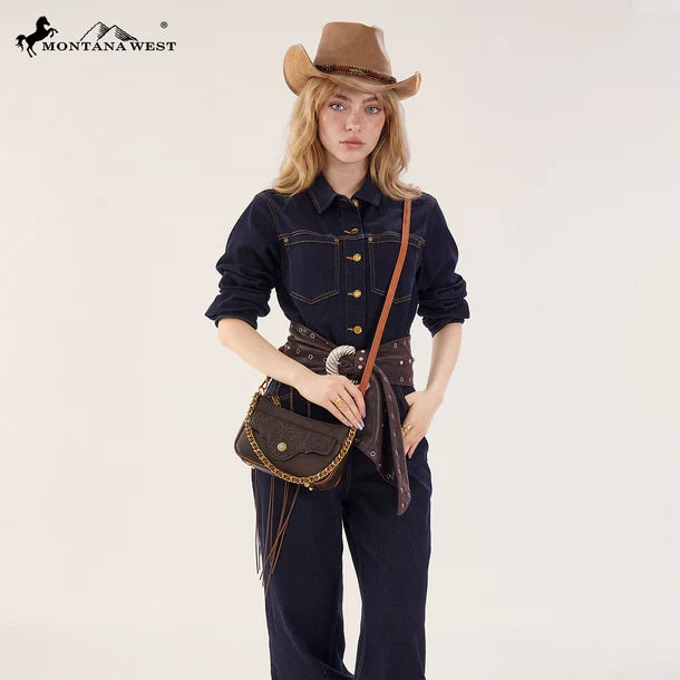 Montana West Tooled Floral Chain Shoulder Crossbody Bag - Coffee