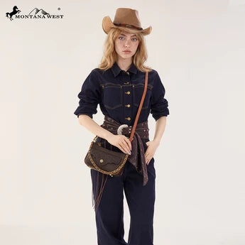 Montana West Tooled Floral Chain Shoulder Crossbody Bag - Coffee
