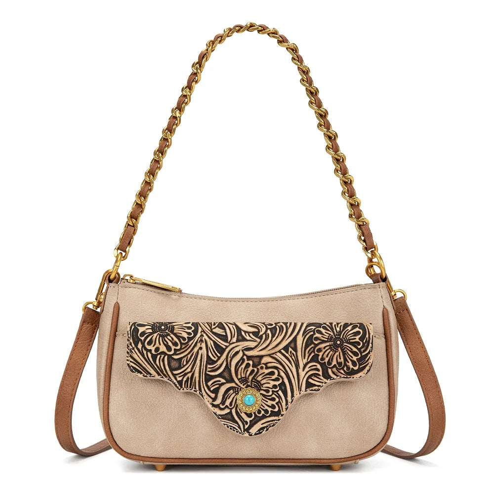 Montana West Tooled Floral Chain Shoulder Crossbody Bag - Tan