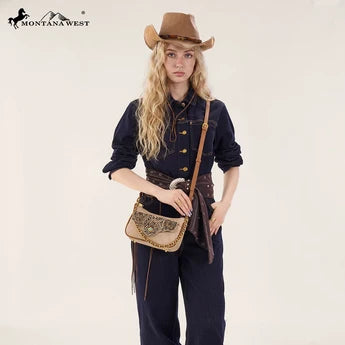 Montana West Tooled Floral Chain Shoulder Crossbody Bag - Tan