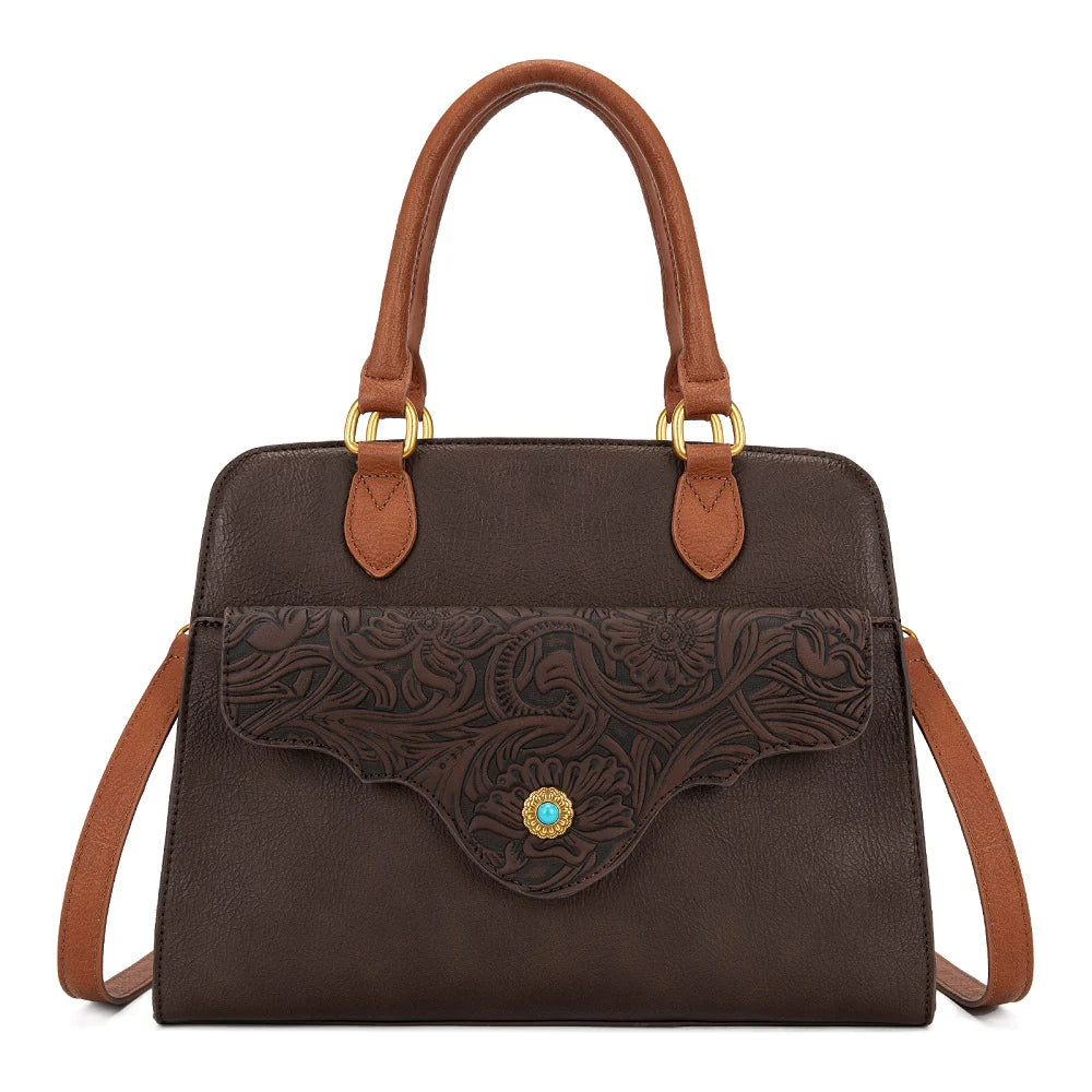 Montana West Western Tooled Floral Concealed Carry Satchel Bag/Crossbody - Coffee