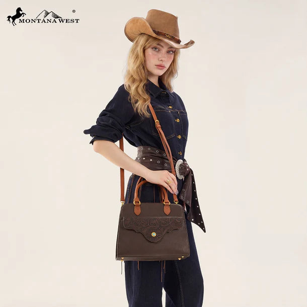 Montana West Western Tooled Floral Concealed Carry Satchel Bag/Crossbody - Coffee