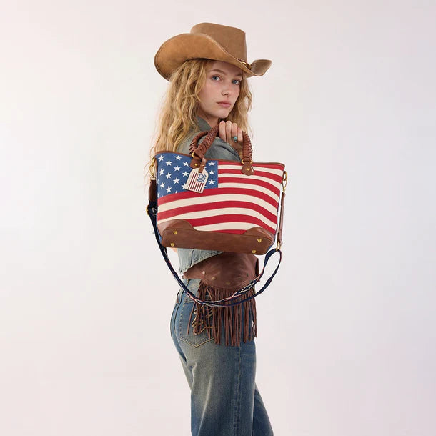 Montana West American Flag Braided Concealed Carry Tote Bag - Red