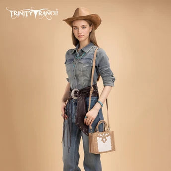 Trinity Ranch Western Hair-On Cowhide Mini Tote/Crossbody -Tan