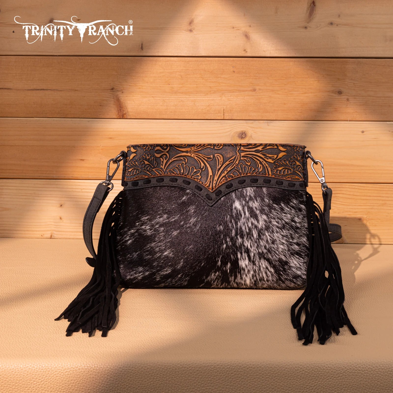 Trinity Ranch Floral Tooled Hair-On Cowhide Crossbody