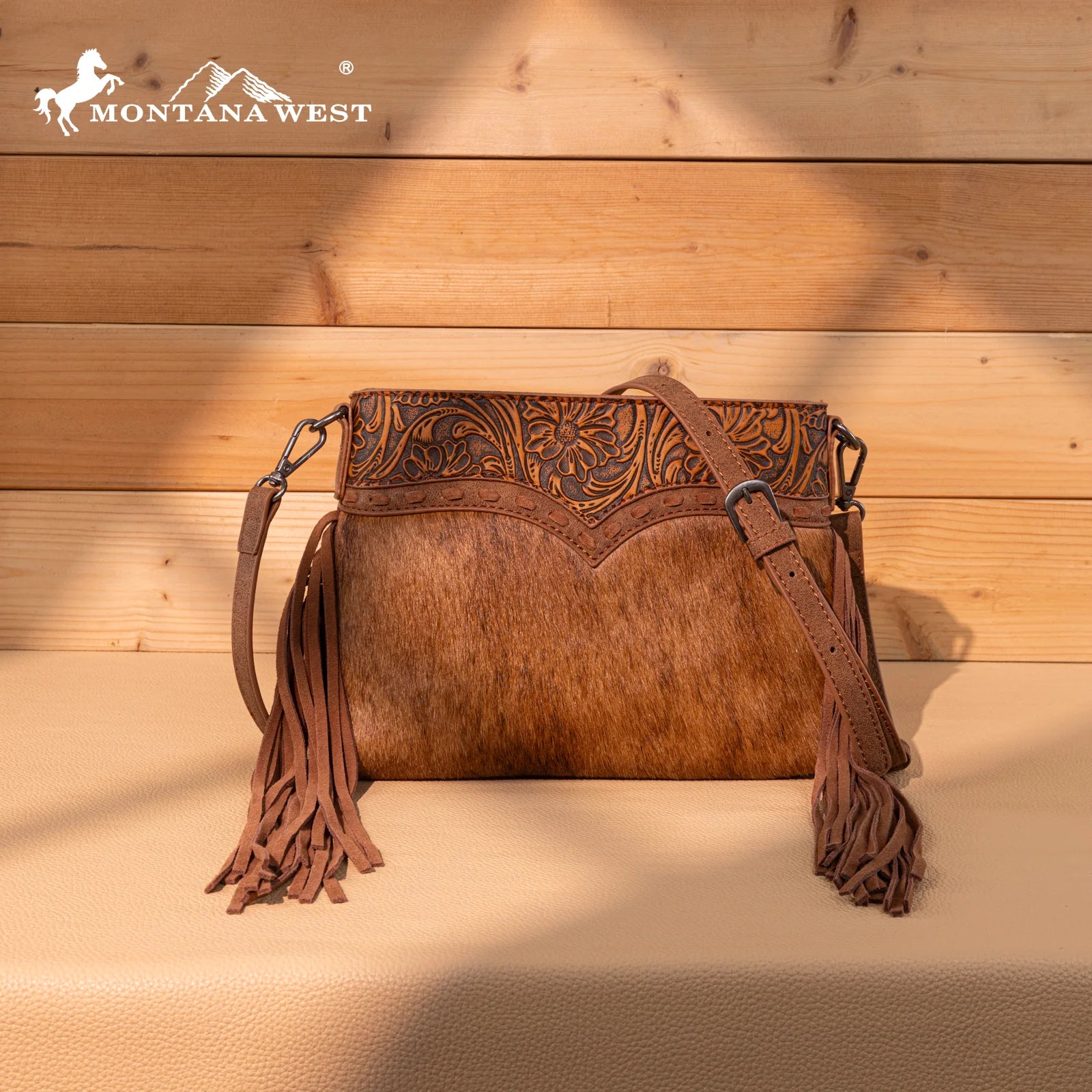 Trinity Ranch Floral Tooled Hair-On Cowhide Crossbody
