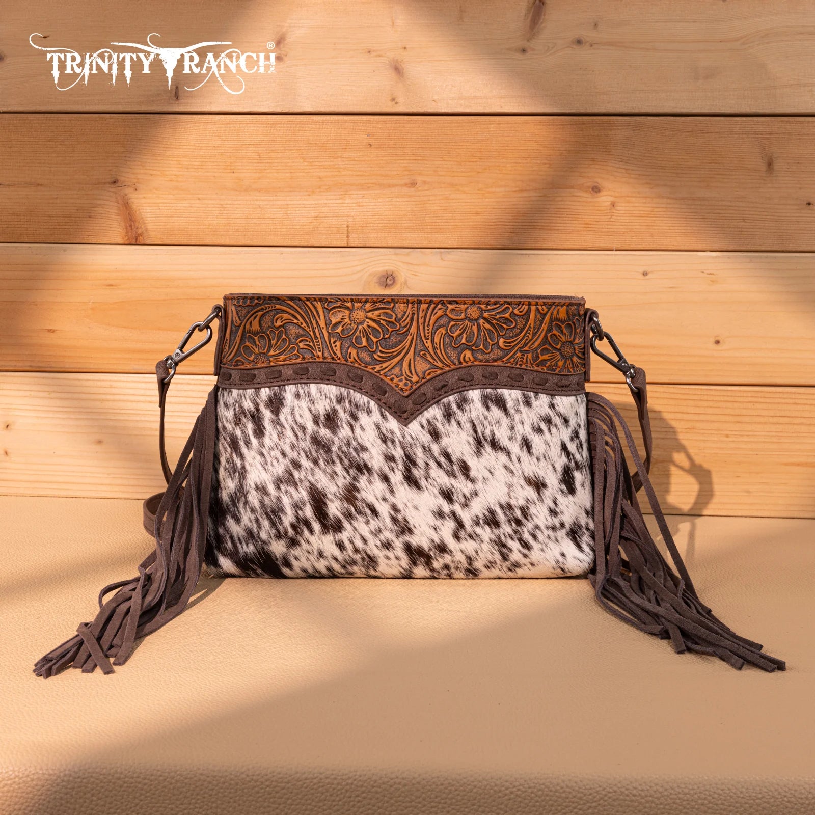 Trinity Ranch Floral Tooled Hair-On Cowhide Crossbody