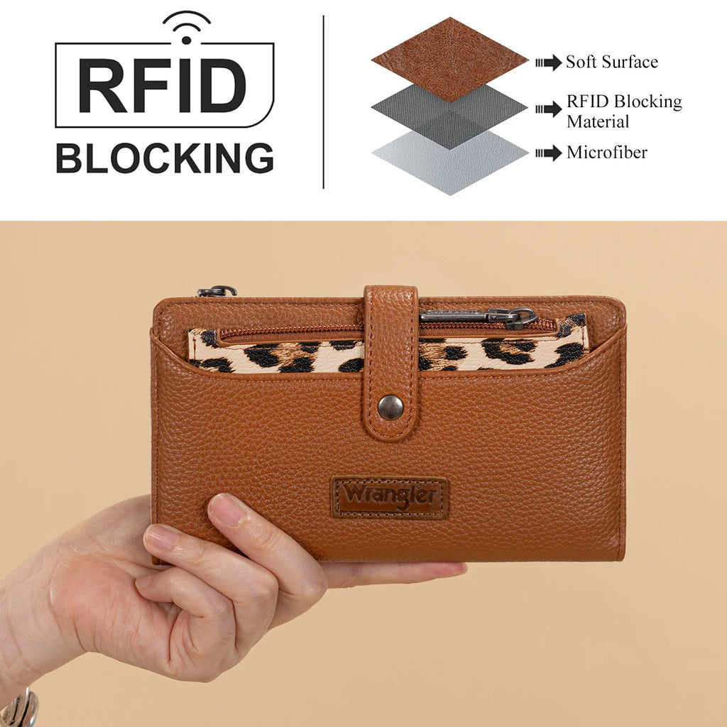 WG366-W091BR Wrangler Western Bi-Fold RFID Wallet/Wristlet With Detachable Pouch-Brown