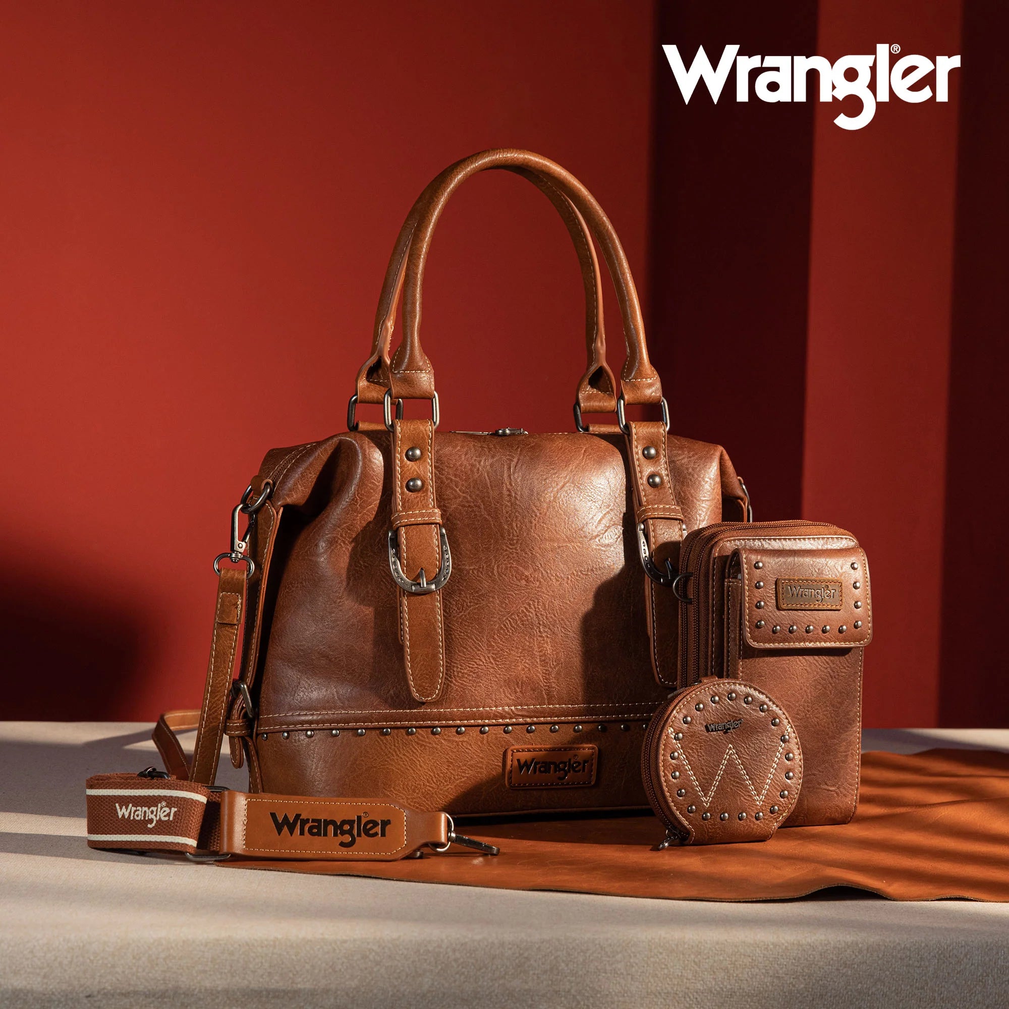 Wrangler 3Pcs Set Buckle Classic Barrel Satchel With Phone Wallet Crossbody