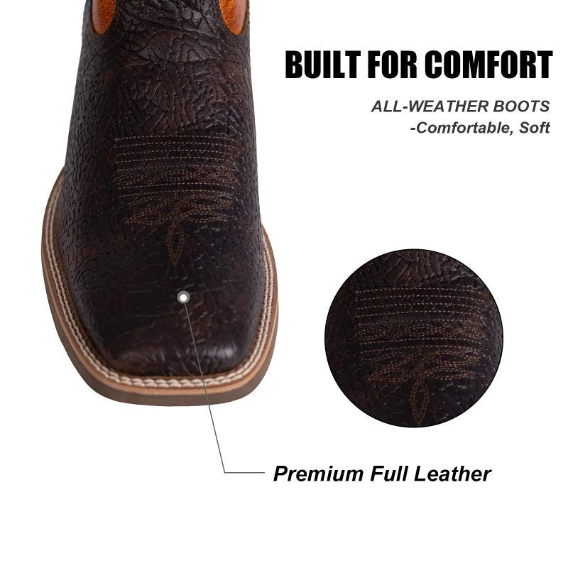 PLT-103607 Western Men's Cracked Leather Embroidered Square Toe Cowboy Full Grain Leather Boots