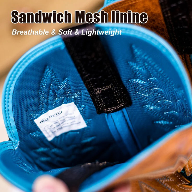 PLT-103607 Western Men's Cracked Leather Embroidered Square Toe Cowboy Full Grain Leather Boots