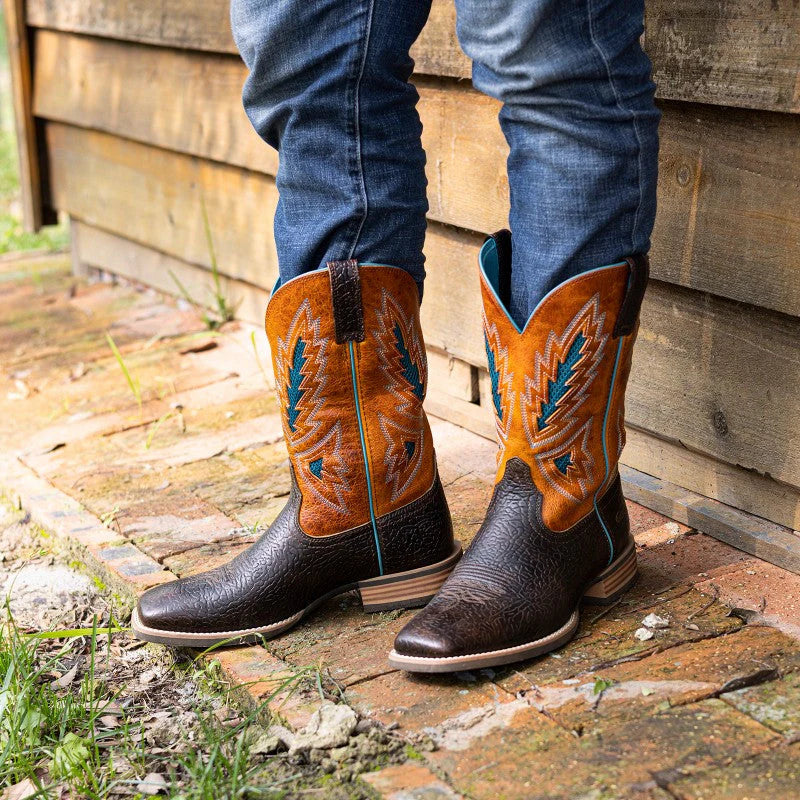 PLT-103607 Western Men's Cracked Leather Embroidered Square Toe Cowboy Full Grain Leather Boots