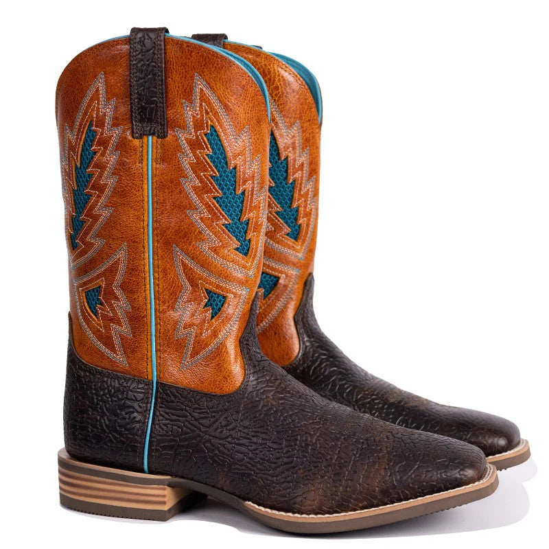 PLT-103607 Western Men's Cracked Leather Embroidered Square Toe Cowboy Full Grain Leather Boots